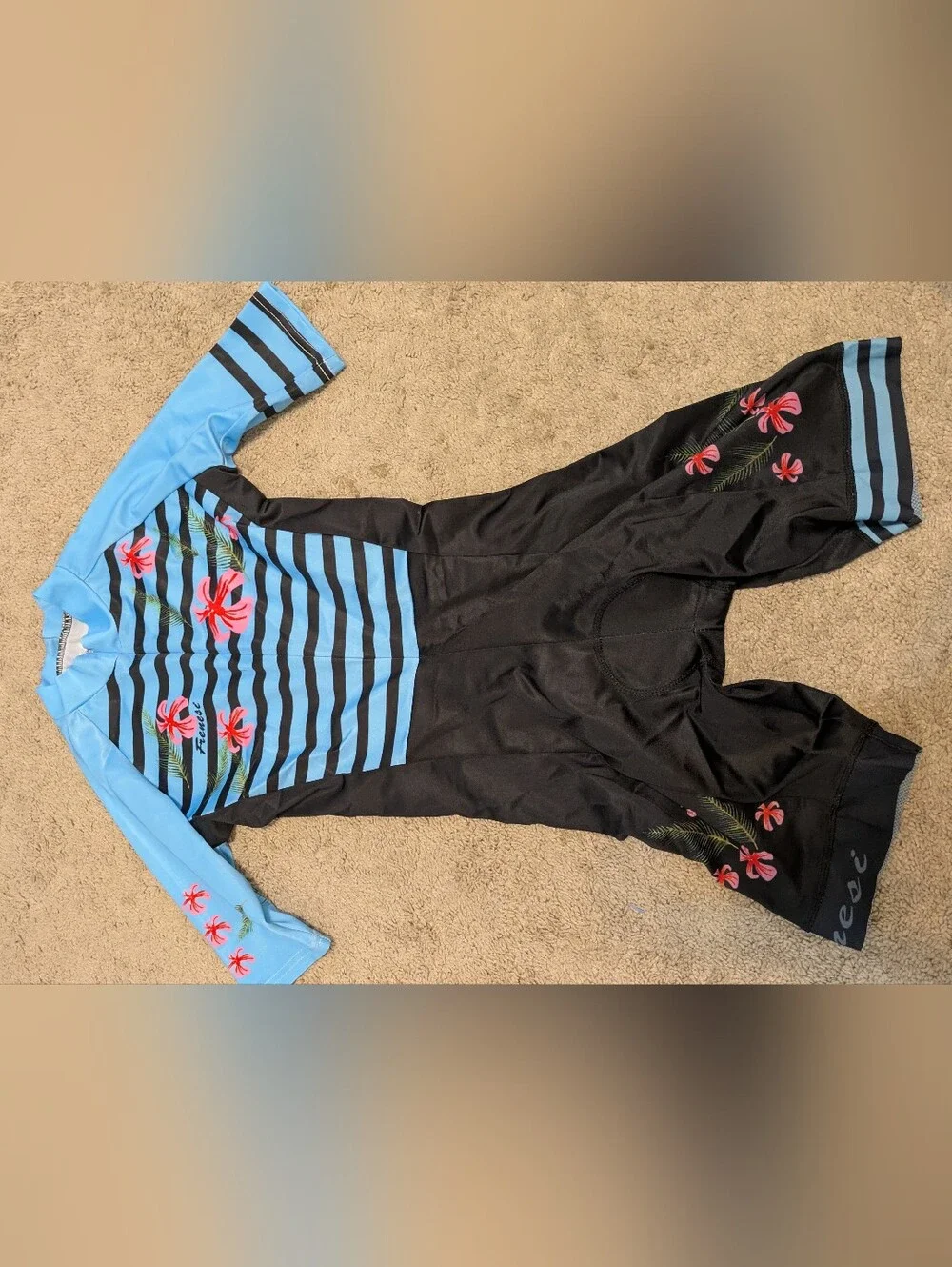 Frenesi Women’s XS Blue/Black Striped Floral Cycling Skinsuit trisuit